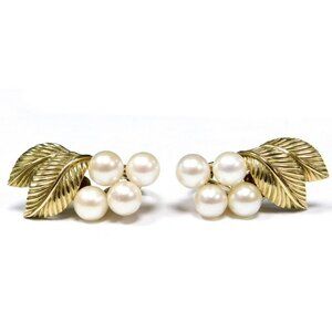 Vintage 14K Gold Pearl Clip-On Earrings 10.8g| Elegant Leaf Design | Hallmarked